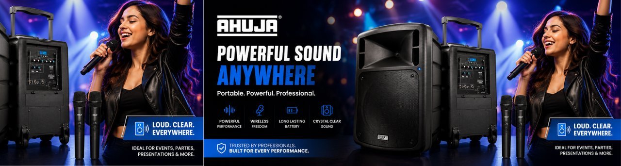Ahuja portable PA system — powerful sound anywhere, supplied by Rudraksh Industries in India