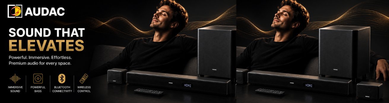 Audac soundbar and subwoofer system — premium audio supplied by Rudraksh Industries in India