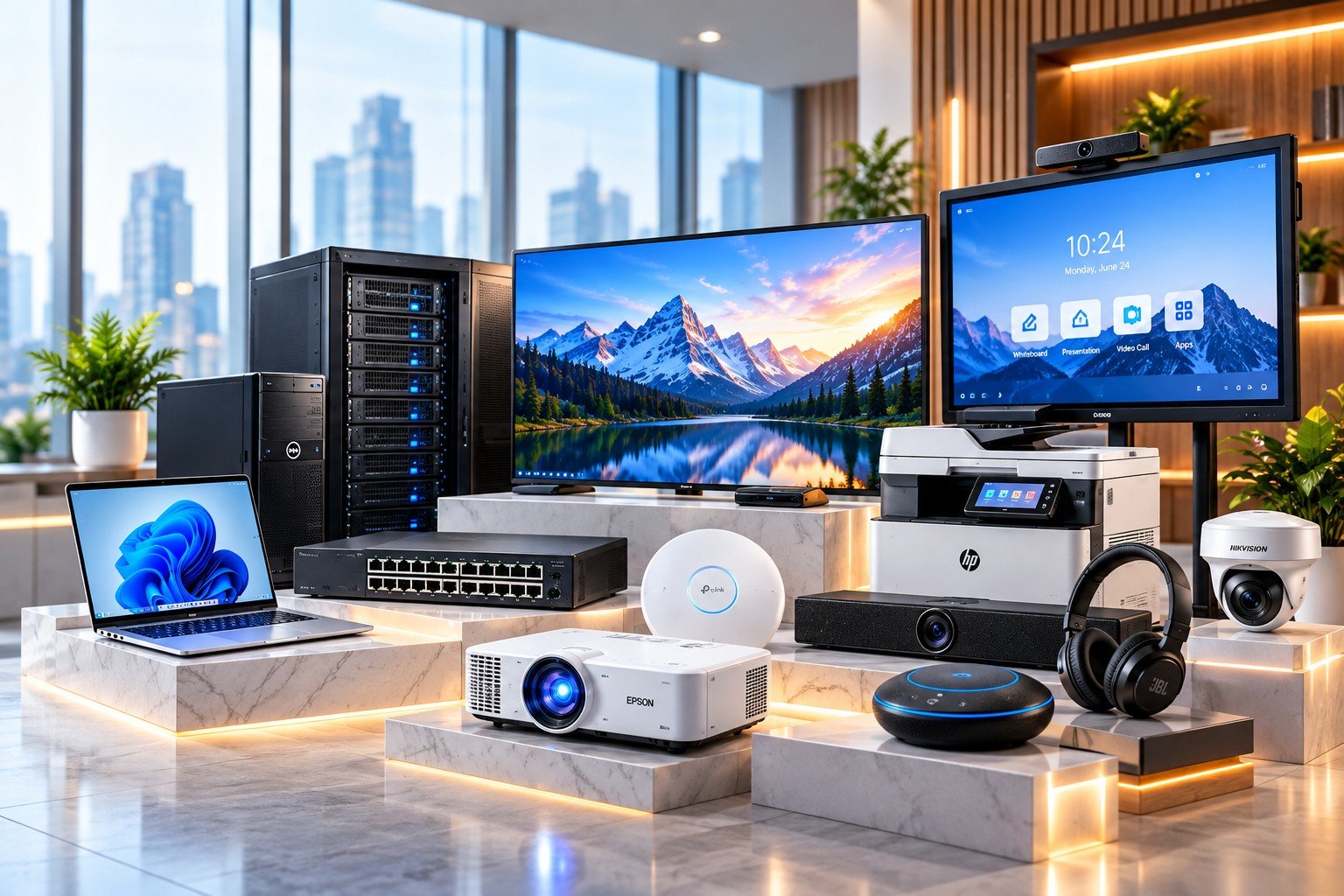 Rudraksh Industries IT and AV product range — laptops, desktops, servers and storage, displays and AV solutions, printers and accessories, networking and security, CCTV surveillance, projectors and conference systems