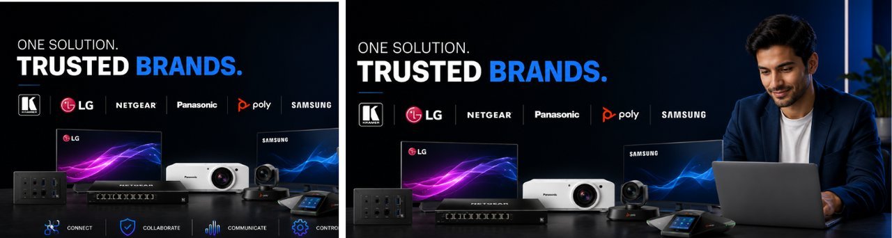 One solution, trusted brands — Kramer, LG, Netgear, Panasonic, Poly, Samsung supplied by Rudraksh Industries in India