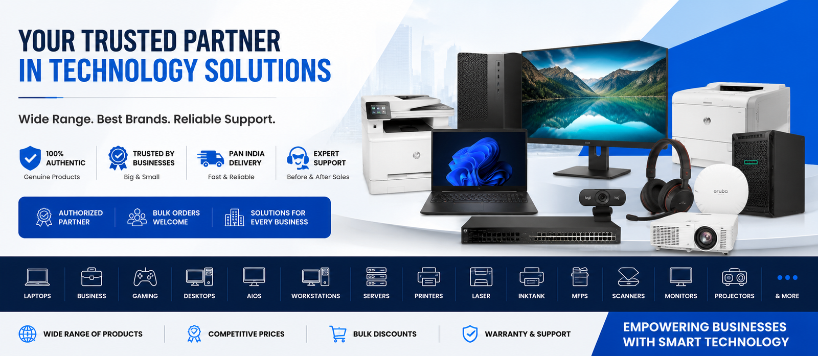 HP technology solutions — laptops, desktops, printers, servers, networking and more, supplied by Rudraksh Industries in Delhi