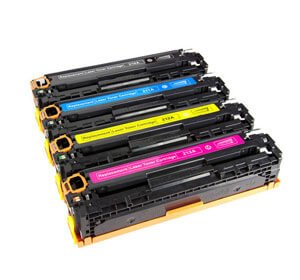 Set of genuine and compatible color toner cartridges for laser printers
