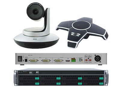 Conference system with PTZ camera, tabletop microphone and rack-mounted audio processor