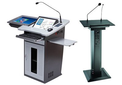 Digital interactive podium with built-in touchscreen control panel, shown alongside a standard digital podium, supplied by Rudraksh Industries in India